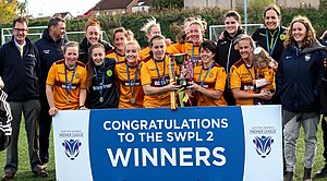 Motherwell with the SWPL 2 trophy in 2018 MotherwellLadiesTrophyPresent.jpg