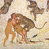 An ancient mosaic showing panthers attacking a man