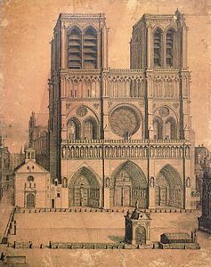 Fasad barat dan parvis Notre-Dame pada tahun 1699. Di sebelah kiri terdapat baptisterium lama. Air mancur ada di alun-alun.