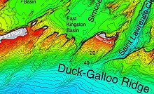 Main Duck Island and some other islands and shoals in the Duck Galloo Ridge. NOAA map of Duck Galloo Ridge (cropped) showing Timber, Swetman, Main Duck and Yorkshire islands, and some subsurface shoals.jpg
