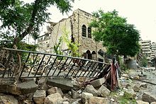 The National Presbyterian Church of Aleppo after being destroyed on 6 November 2012 National Evangelical Church of Aleppo (destructed), 12 June 2013.jpg
