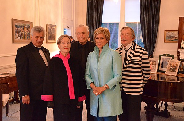 The 2013 recipients of Arts Foundation Icon Awards, at a reception at Government House, Wellington. Left to right: Cliff Whiting, Jacqueline Fahey, Ge