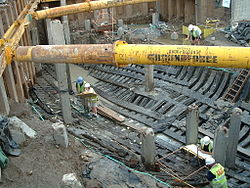 The Newport ship in the foundations of the Riverfront Arts Centre in Newport, Wales, in 2002 Newport ship.jpg