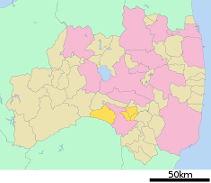 Kaart van Fukushima met het district Nishishirakawa gemarkeerd