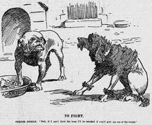 Francophobic cartoon: a French poodle begs for scraps from a British bulldog. No Fight - JM Staniforth.png