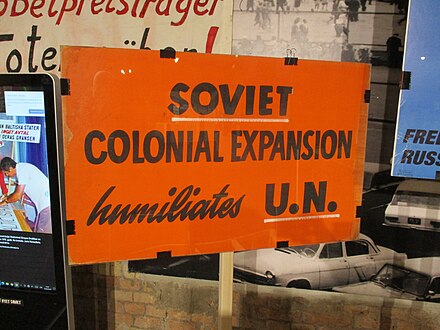 A protest sign from the second half of the 20th century criticising U.N. reaction to Soviet colonial expansion.