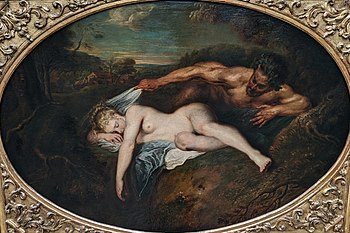 Jupiter as a satyr stands over a naked, sleeping woman