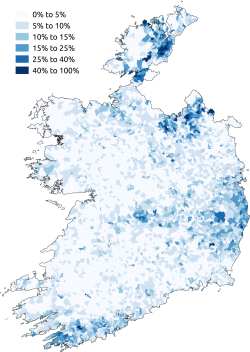 The percentage of respondents who said they followed a religion other than Catholicism in the census in Ireland in 2011. Other religion in Ireland census 2011.png