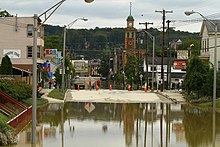 NY 96 in Owego remained submerged several days later as the Susquehanna River slowly receded. Owego Flooding from Tropical Storm Lee in 2011.jpg