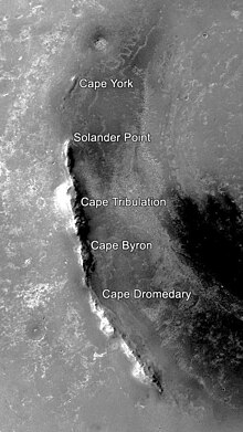 Annotated map with location of Cape Tribulation, on Endeavour crater's western rim PIA21490capes.jpg