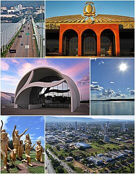 Do topo; sentido horário: Ponte Fernando Henrique Cardoso; Palácio Araguaia; Rio Tocantins; vista aérea de Palmas; Monumento da Súplica dos Pioneiros na Praça dos Girassóis e Memorial Coluna Prestes.