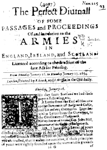 Front cover of the Perfect Diurnall for January 16-23, 1654, with which Mabbot was associated. Perfectdiurnall.gif