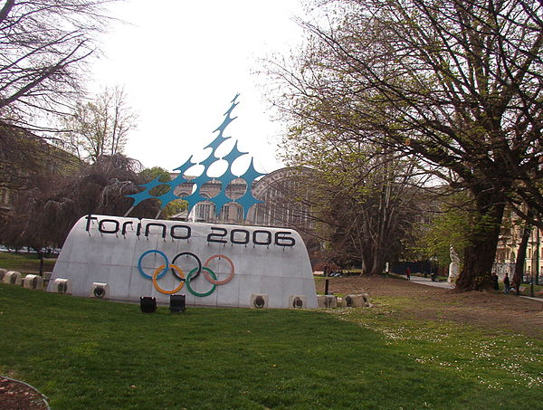 2006 Olympics logo on display in the Carlo Felice Square, in Turin