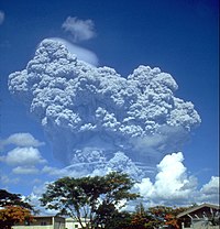 The eruption column of the modern Mount Pinatubo on June 12, 1991, three days before the climactic eruption. Pinatubo91eruption clark air base.jpg