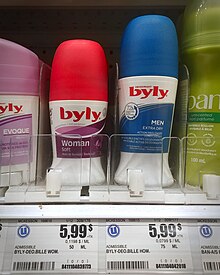 Gender-based price difference between Byly deodorants for women (50 mL) vs men (75 mL). Both are sold for $5,99 CAD at Uniprix in Quebec, Canada. Pink tax Byly deodorant women vs men 5,99$ Uniprix 20240108 115733.jpg