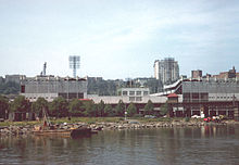 The Polo Grounds in 1961, seen from the Harlem River. Polo Grounds 1961 from Harlem River-B.jpeg