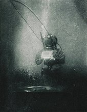 The oceanographer and biologist Emil Racovita, here equipped with a standard diving dress. An underwater photograph taken by Louis Boutan (Banyuls-sur-Mer, south of France, 1899). Raco-Boutang.jpg