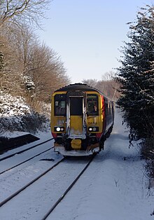 Services at Radcliffe are provided by East Midlands Railway,mostly using Class 156 and Class 158 units. In the late 2010 snow,156413 speeds through the station with a non-stop service. Radcliffe railway station MMB 11 156413.jpg