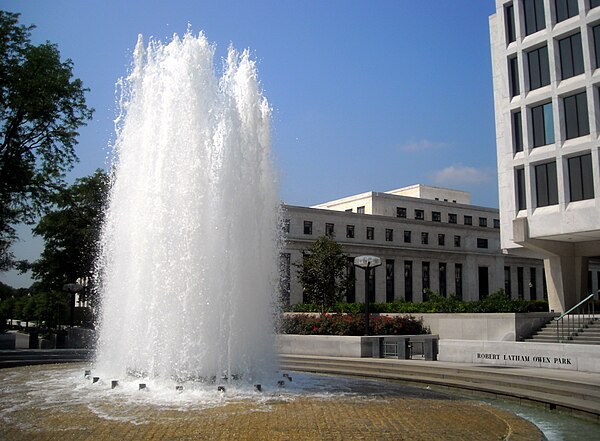 Robert Latham Owen Park, located behind the Federal Reserve's 1937 Eccles Building and next to the 1974 Martin Building in Washington, D.C.