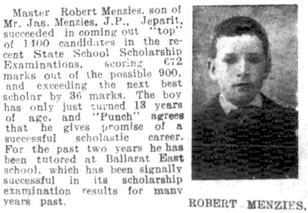 Article in Melbourne Punch detailing Menzies's feat of topping the state school examinations at the age of 13