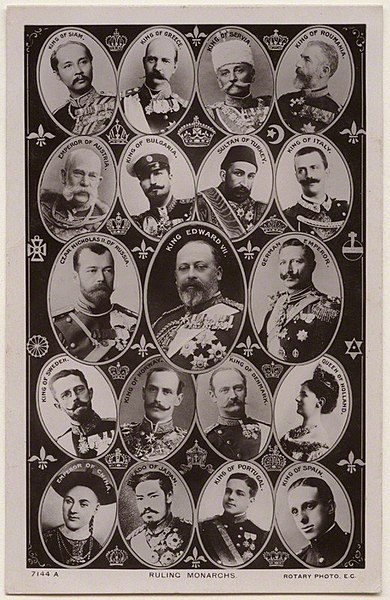 Postcard of ruling monarchs, taken in 1908, between February (accession of King Manuel II of Portugal) and November (death of the Guangxu Emperor)