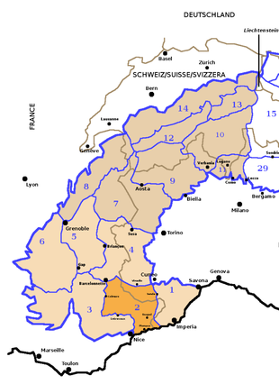 Inquadramento della sezione Alpi Marittime e Prealpi di nizza all'interno della grande parte delle Alpi Occidentali