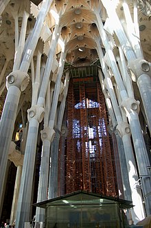 Biomorphic branching columns in Gaudi's monumental but still incomplete Sagrada Familia church are modelled on trees Sagrada Familia interior 1.jpg