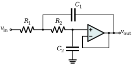 An example of a Sallen-Key cell low-pass filter Sallen-Key Lowpass General.svg