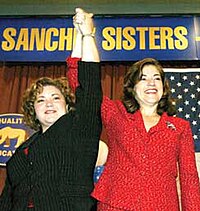Loretta and her sister Linda Sanchez are the first pair of sisters to serve simultaneously in the United States Congress. Sanchez Sisters.jpg