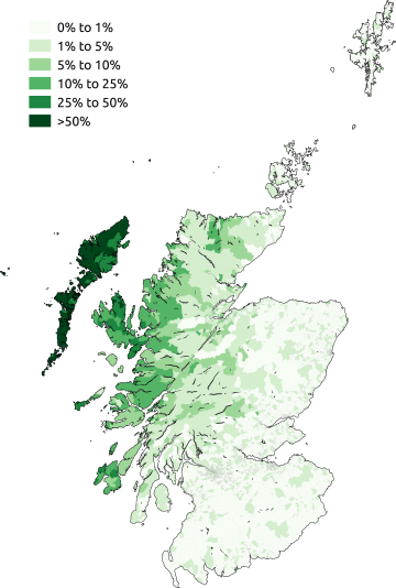 Geographic distribution of Gaelic speakers in Scotland (2011)