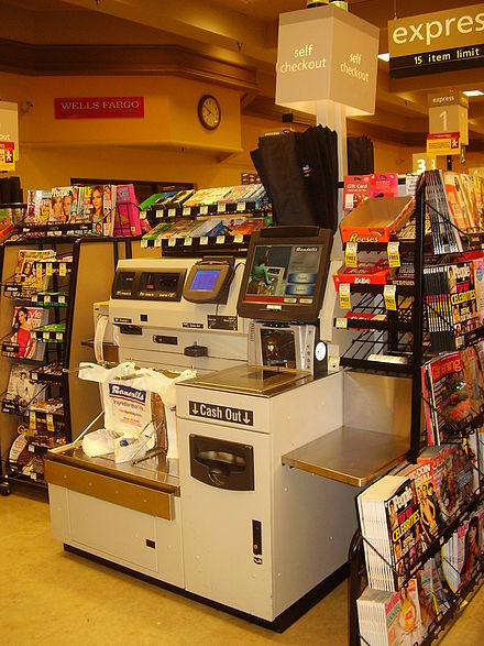 A self-checkout machine in a Houston supermarket