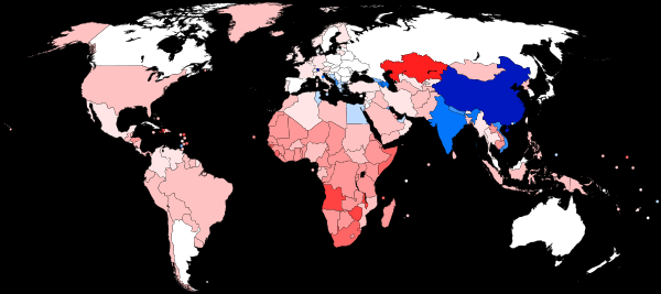 Sex ratio by country for the population below age 15. Blue represents more boys, red more girls than the world average of 1.07 males/female.