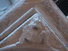 Sheela na gig on the south-west pillar of the presbytery in St. Magnus Cathedral, Kirkwall, Orkney, ca.12th to 13th centuries, Norman and Romanesque.