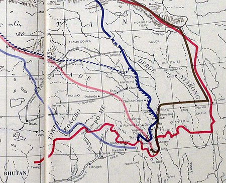 Simla Convention maps - the light blue line represents the initial Chinese claims, the dark blue line was the eventually agreed boundary of Chinese control Simla Convention - contending claims in Kham.jpg