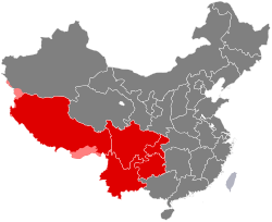 Government defined region of Southwest China, including Chongqing, Sichuan, Guizhou, Yunnan and Tibet Southwest China.svg
