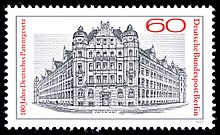 1977 stamp showing the Patent Office from 1877 to 1977. Picture of the new Patent Office building in 1905 on Gitschiner Road Stamps of Germany (Berlin) 1977, MiNr 550.jpg
