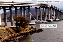 View from the eastern shore showing the rebuilt pylon #18. Pylon #19 was not rebuilt. TasmanBridge2002.PNG