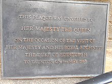 Plaque unveiled by The Queen during her visit on 8 May 1987 Taunton, Somerset 04.jpg
