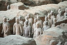 Warriors of the Terracotta Army; c. 214 BC; terracotta; height (average soldier): c. 1.8 m; Lintong District (Xi'an, Shaanxi, China) Terracotta Army (6143565126).jpg