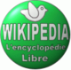 Dessin d'une sphère verte sur fond blanc, sur laquelle est figurée une colombe blanche et est inscrit le message « Wikipedia l'encyclopédie libre ».