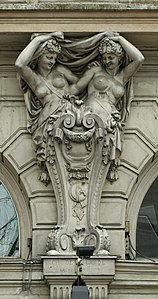 Double Beaux Arts caryatid on the façade of the Théâtre de la Renaissance, Paris, by Charles de Lalande, 1873