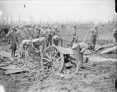 Gunners digging an 18-pounder out of the mud near Zillebeke, 9 August 1917. The Battle of Passchendaele, July-november 1917 Q6224.jpg