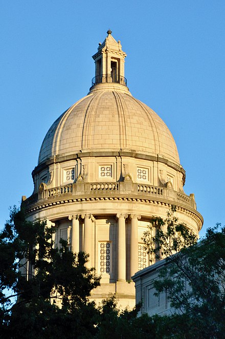 the Capitol Dome of the Kentucky State Capitol building located in Frankfort, Kentucky; photographed at dusk looking south-east