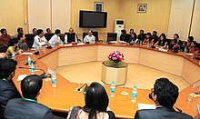 Minister of Finance Arun Jaitley interacting with probationers of IES in 2015. The Indian Economic Service (IES) probationers calls on the Union Minister for Finance, Corporate Affairs and Information & Broadcasting, Shri Arun Jaitley, in New Delhi on April 09, 2015.jpg