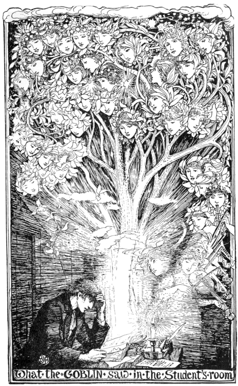 black and white full page illustration of a young man leaning over a book by candlelight. A beam of light is coming out of the book and sprouting from that light is a tree in which are clouds and women's heads. Some of the women are playing instruments