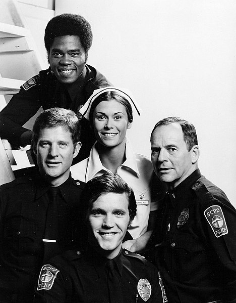 Cast photo of The Rookies. Clockwise for the top: Georg Stanford Brown (Terry Webster), Kate Jackson (Jill Danko), Gerald S. O'Loughlin (Eddie Ryker),