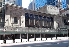 Times Square Theatre under renovation with a sidewalk shed infront of it