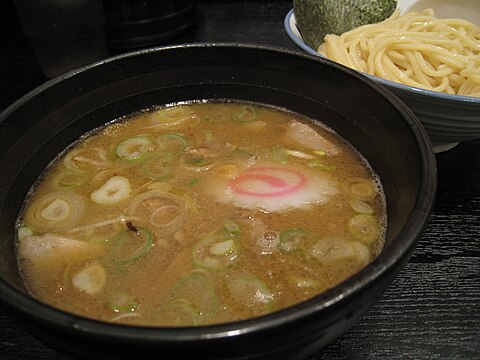 Close-up view of a soup for tsukemen