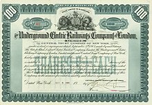 American trust certificate of the Underground Electric Railways Company of London, Ltd., issued 8 may 1911 Underground Electric Railways Company of London 1911.jpg