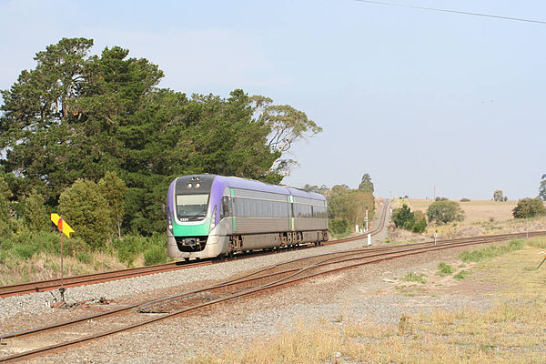 V/Line VLocity train at the junction with the Melbourne-Ballarat line at Warrenheip station